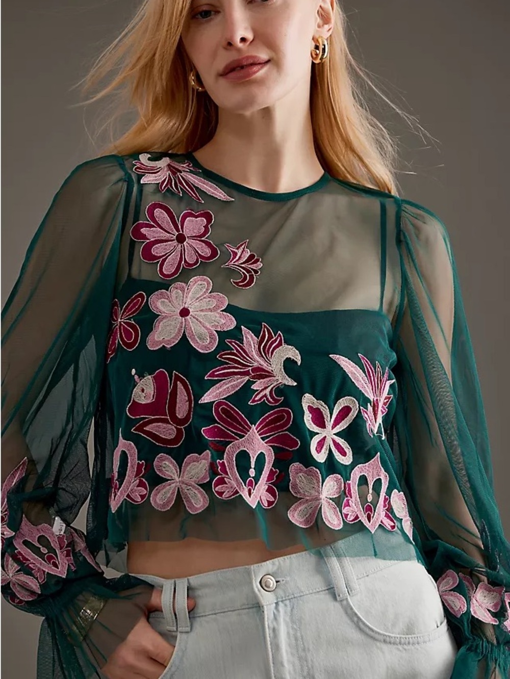Sheer Emerald Green Floral Embroidered Crop Top